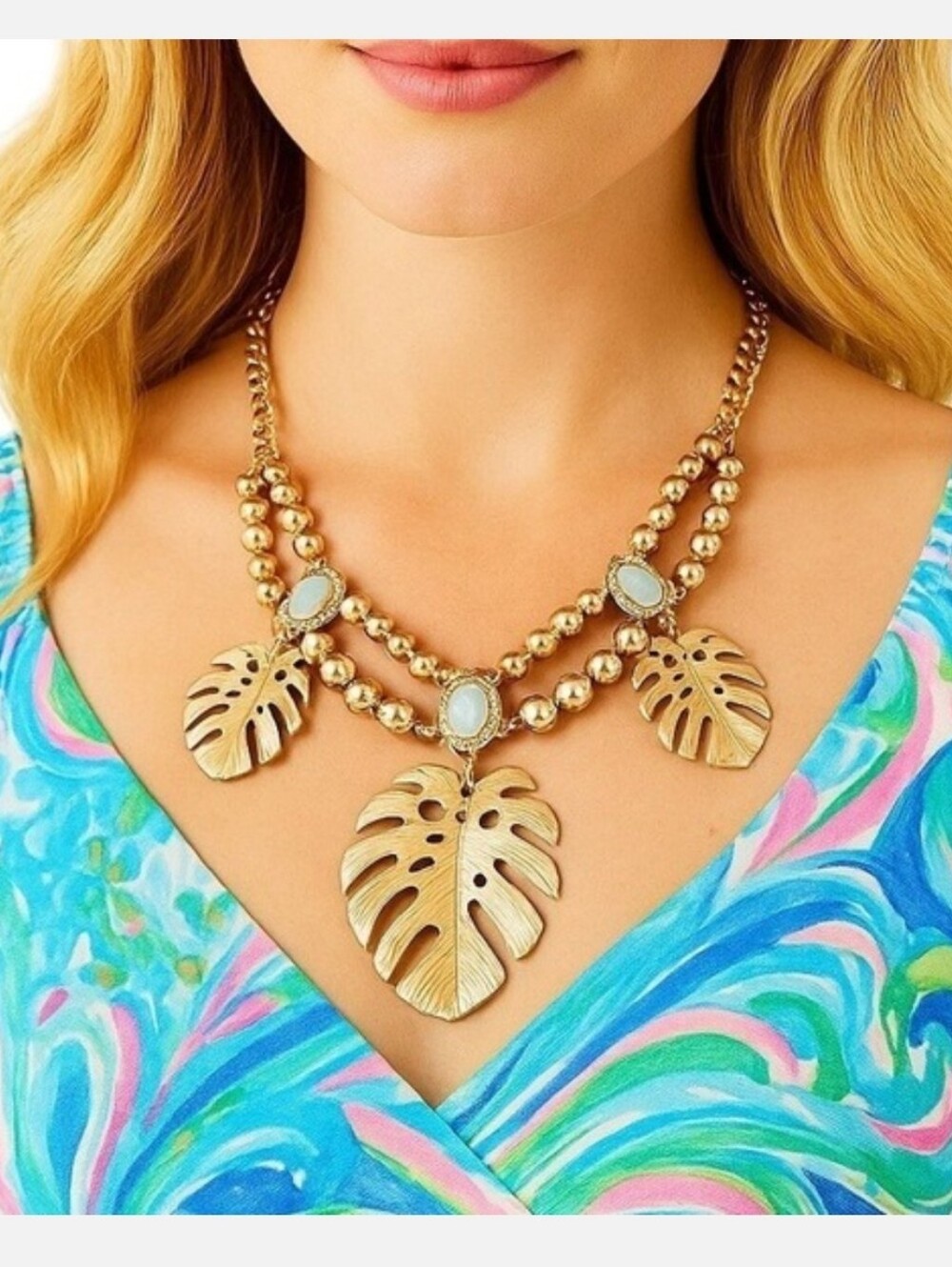 Lilly Pulitzer Gold Leaf Pendant Statement Necklace New